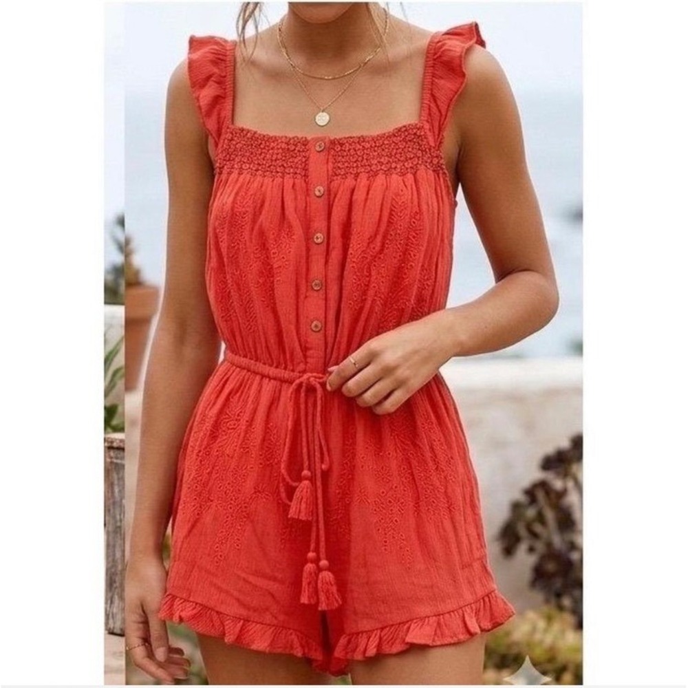 American Eagle Coral Red Embroidered Romper Small Boho Ruffle Tassel Buttoned